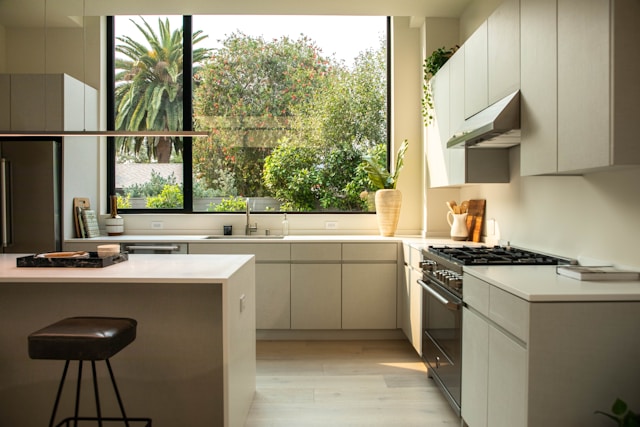 A bright kitchen with a window over the sink
